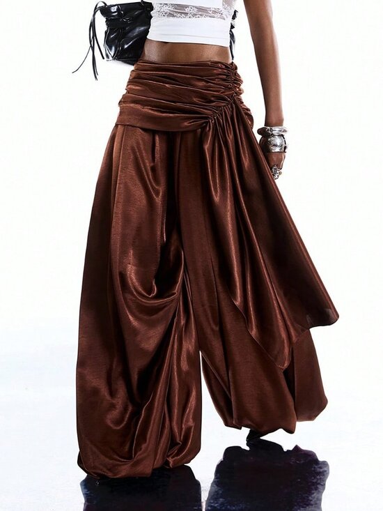 Pants - Coffee Brown Casual Women's Minimalism Draping Waist Loose Baggy Pants